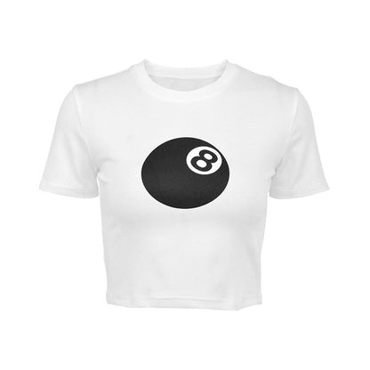 8-Ball Print Slim Fit Cropped T-Shirt with Crewneck