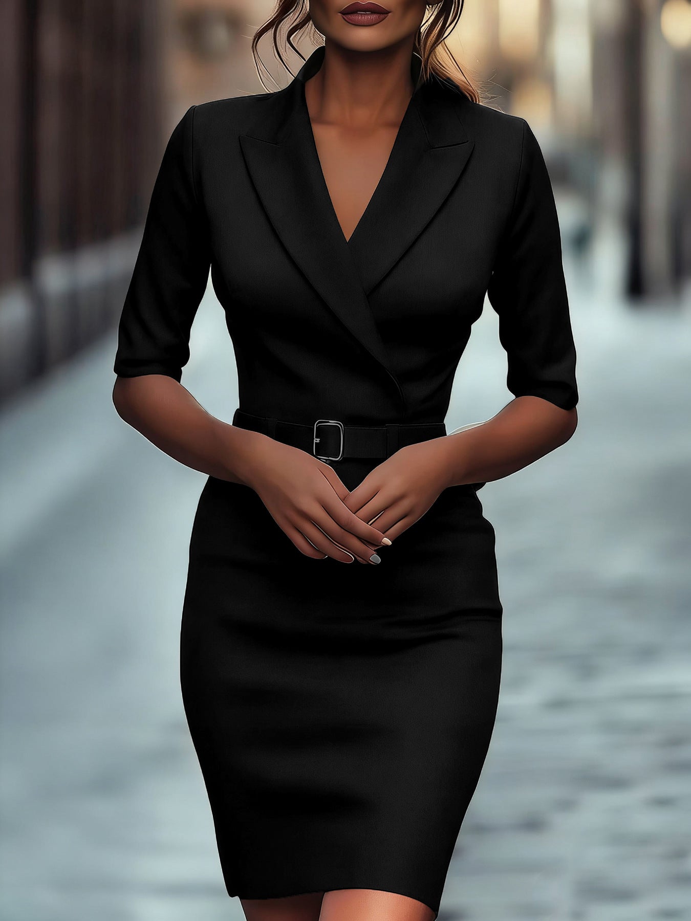 Blazer Sheath Dress with Three-Quarter Sleeves and Belt