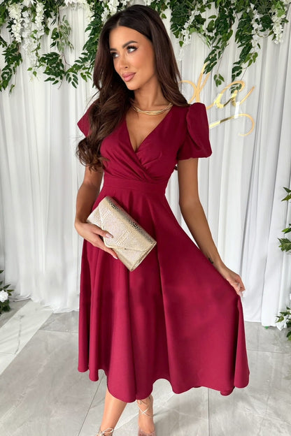 A-Line Midi Dress with Wrap V-Neck and Puff Sleeves