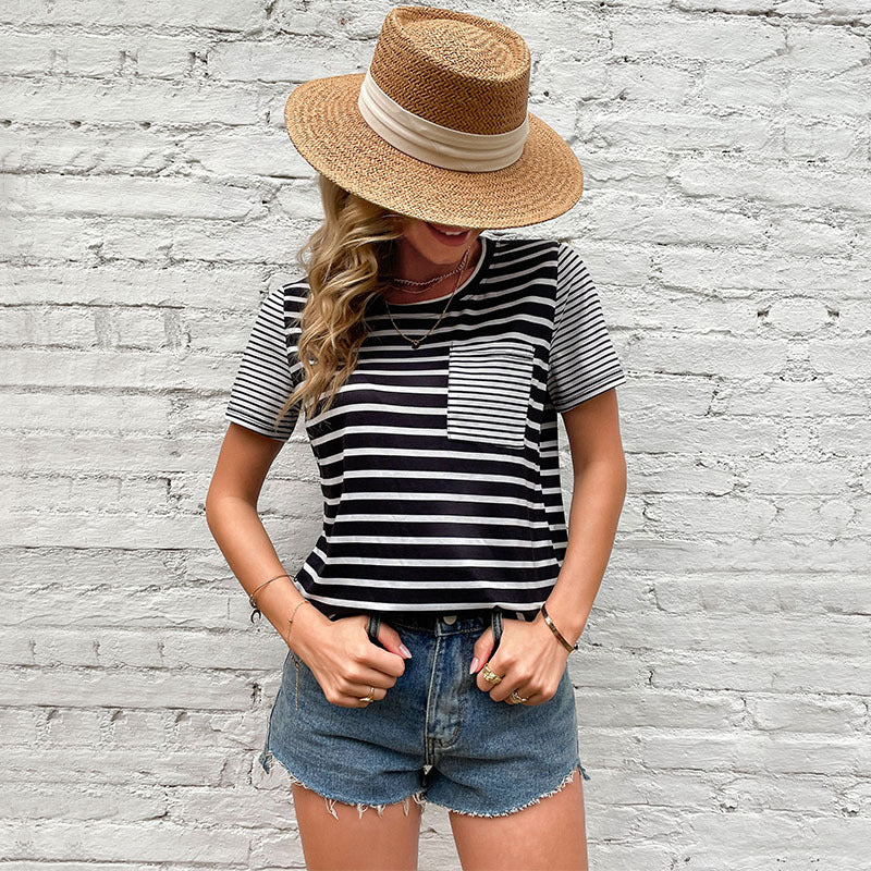Striped Loose-Fit T-Shirt with Contrast Pocket Detail