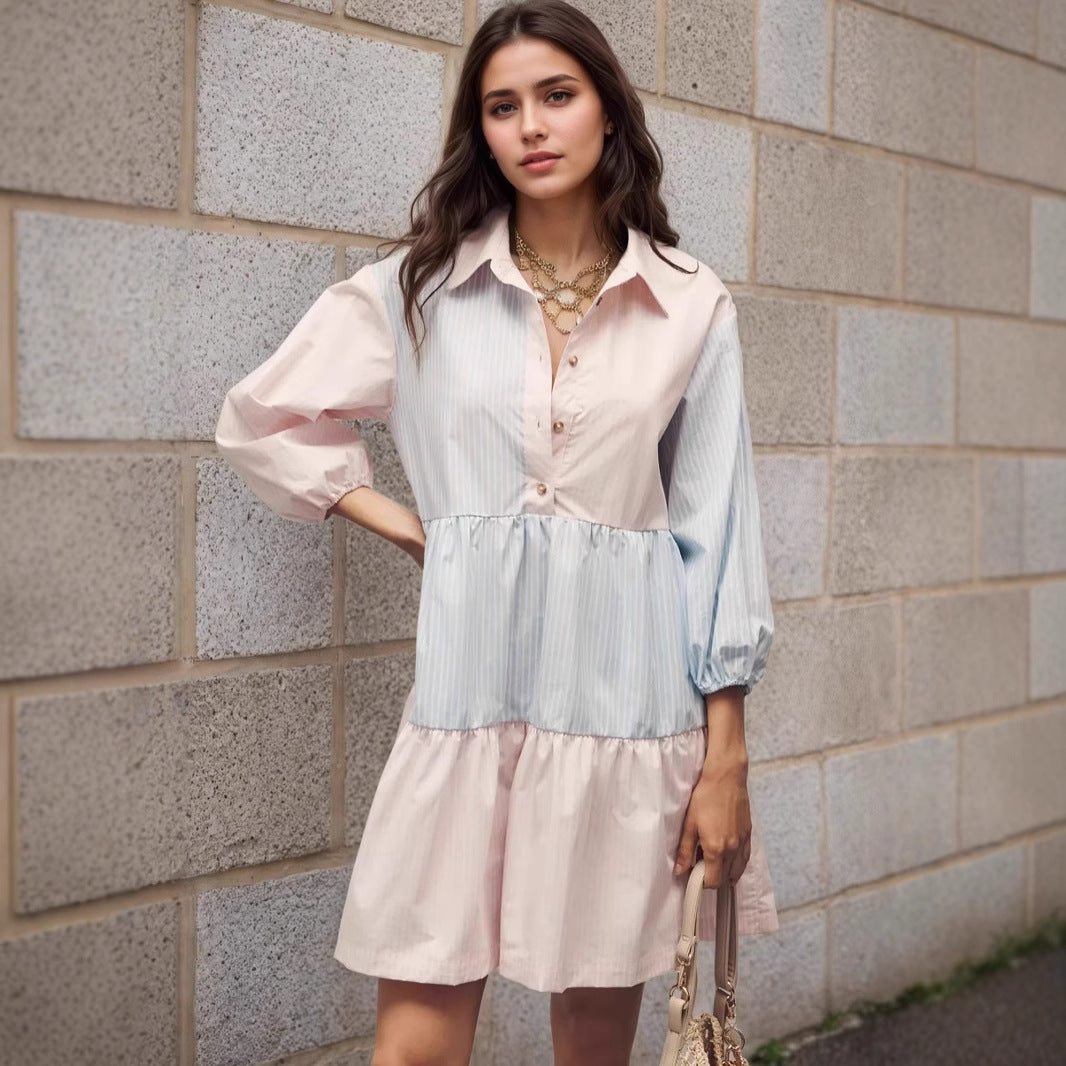 Contrasting Striped Tiered Dress with Lapel and Lantern Sleeves