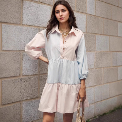 Contrasting Striped Tiered Dress with Lapel and Lantern Sleeves