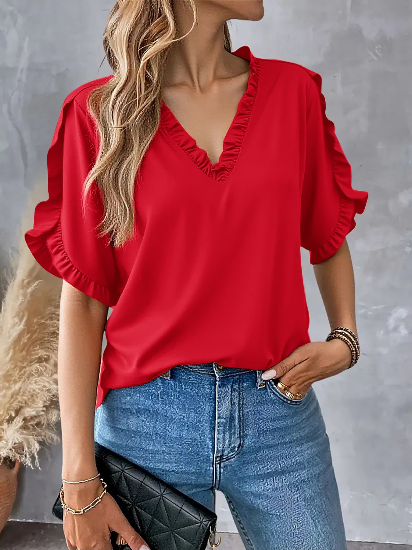 Solid Short Sleeve Blouse with Ruffled V-Neck