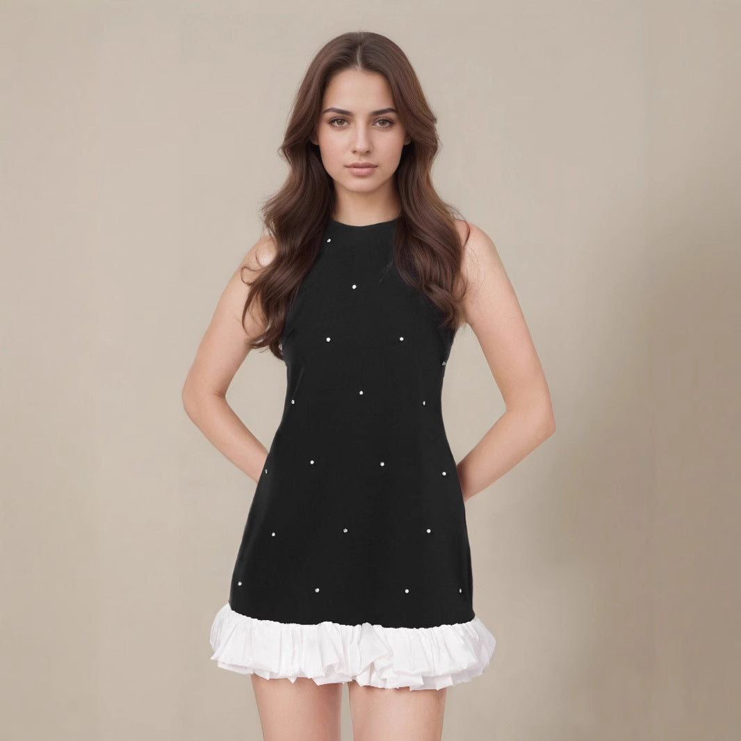 A-Line Sleeveless Dress with Pearl Embellishments and Ruffle Hem