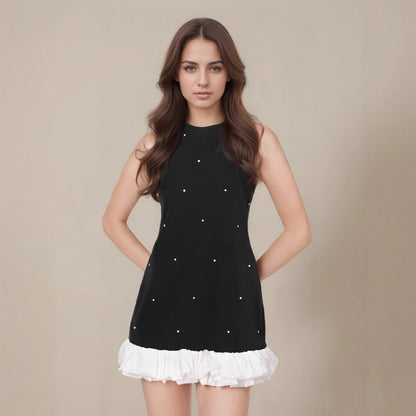 A-Line Sleeveless Dress with Pearl Embellishments and Ruffle Hem