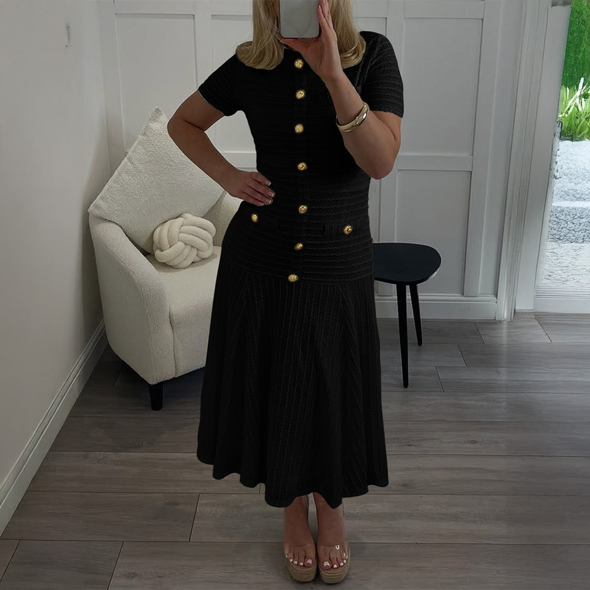 Textured Knit A-Line Midi Dress with Button Front
