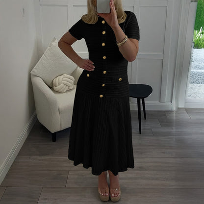 Textured Knit A-Line Midi Dress with Button Front