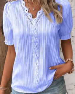 Pleated Short-Sleeve Blouse with Lace V-Neck