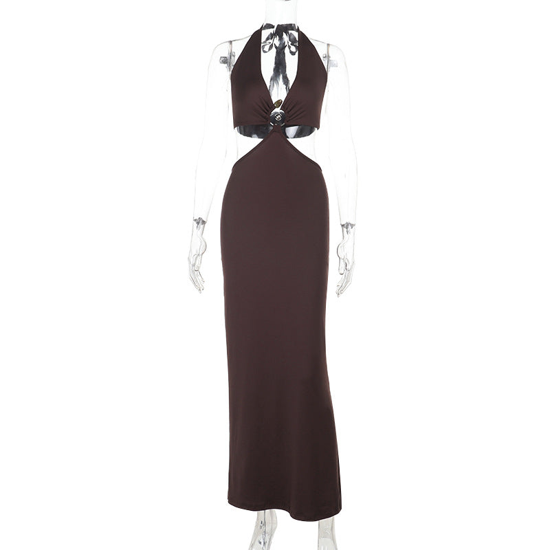 Bodycon Halter Maxi Dress with Metal Ring and Cut-Out Detail