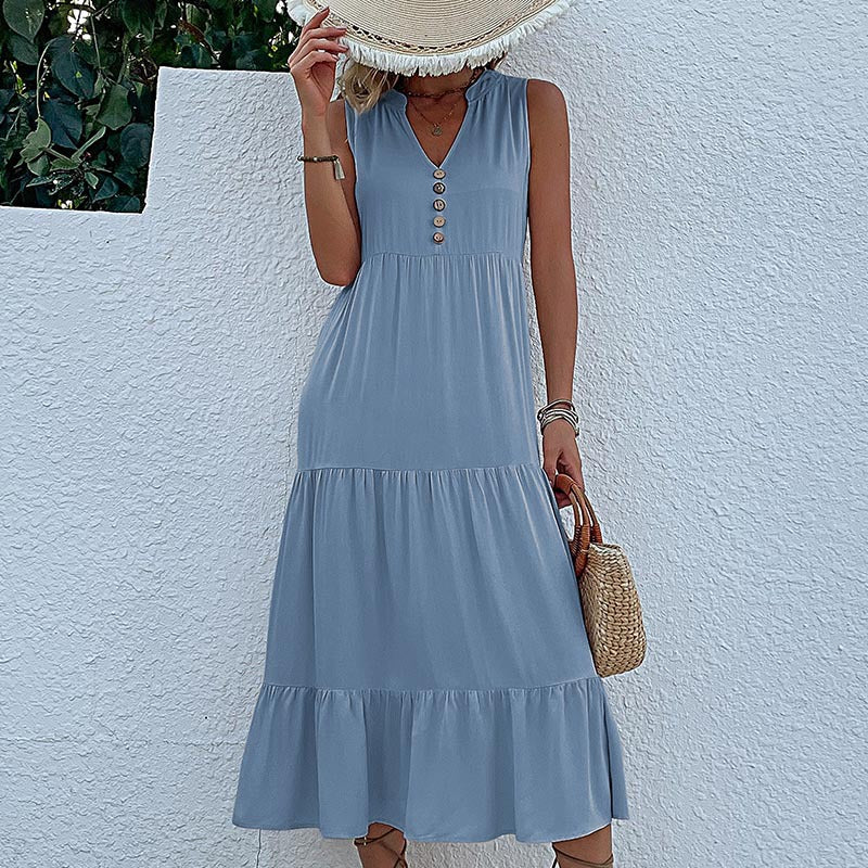 Solid A-Line Tiered Midi Dress with V-Neck and Sleeveless