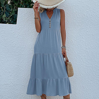 Solid A-Line Tiered Midi Dress with V-Neck and Sleeveless