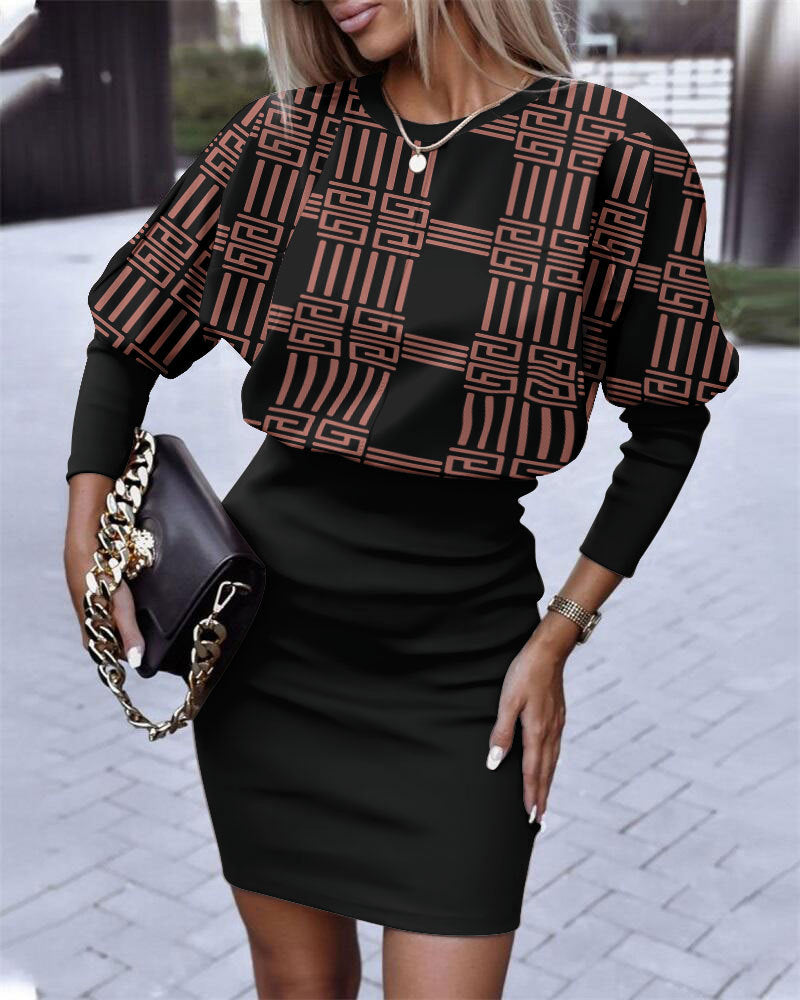 Geometric Print Dolman Sleeve Dress with Bodycon Skirt