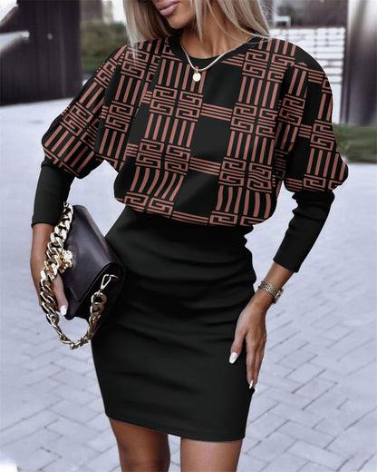 Geometric Print Dolman Sleeve Dress with Bodycon Skirt
