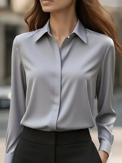 Classic Fit Solid Long-Sleeve Blouse in Silky Polyester