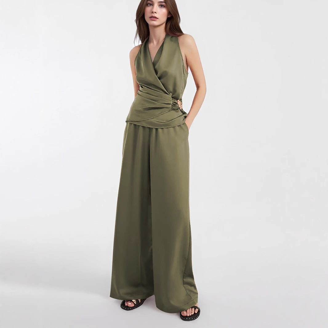 Draped Halter Wrap Pantsuit with Wide Legs