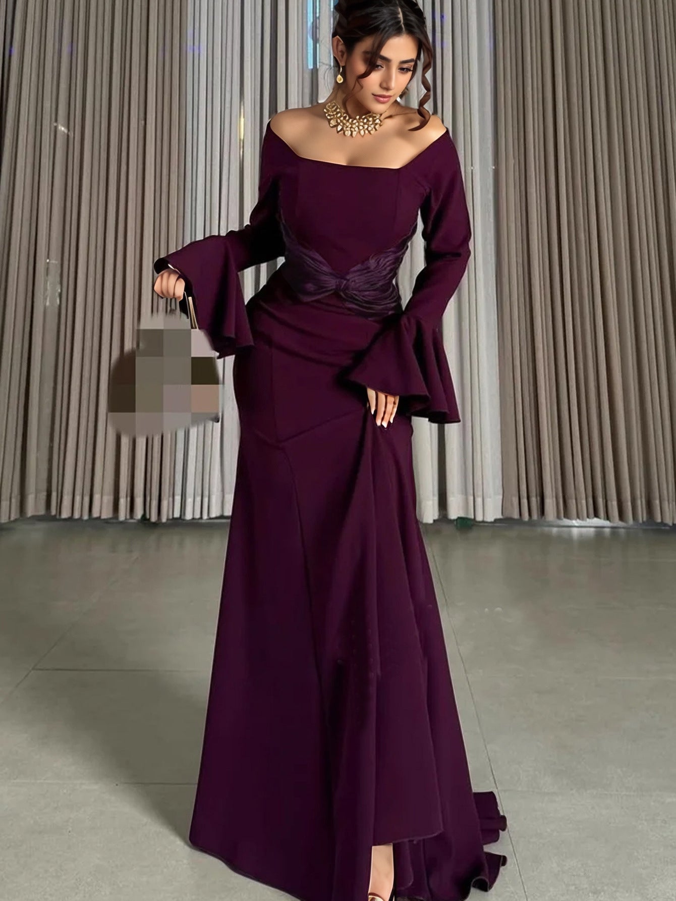 Off-Shoulder Maxi Dress with Bell Sleeves and Twisted Waist
