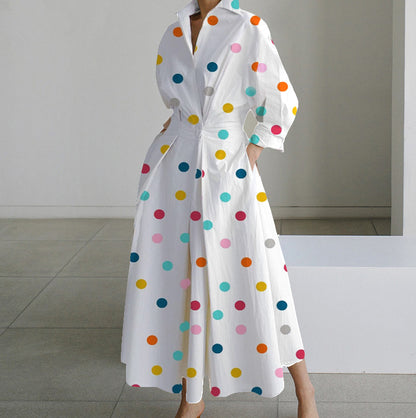 Polka Dot Maxi Shirt Dress with Nine-Quarter Sleeves
