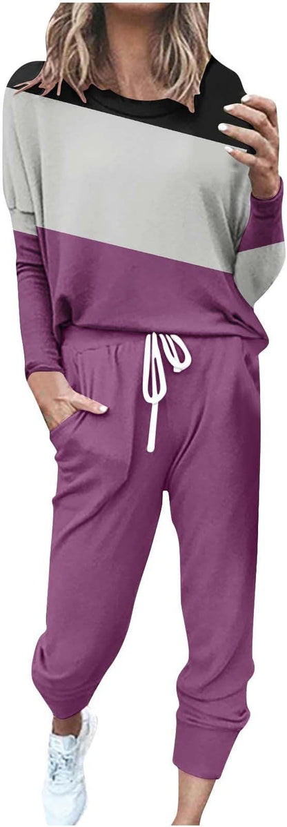 Spliced Long Sleeve Loungewear Set with Jogger Pants