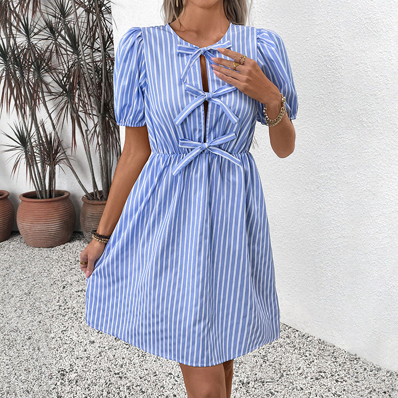 Striped A-Line Dress with Puff Sleeves and Bow Front