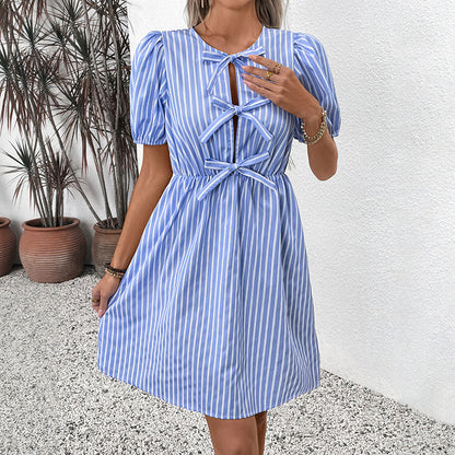 Striped A-Line Dress with Puff Sleeves and Bow Front
