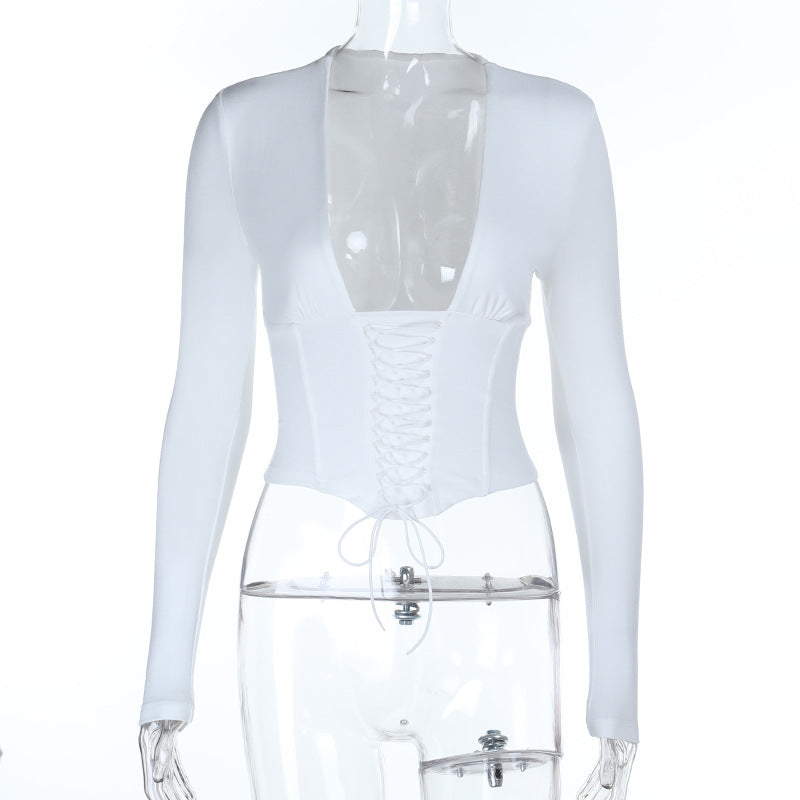 Long Sleeve Corset Top with Plunging V-Neck and Lace-Up Front