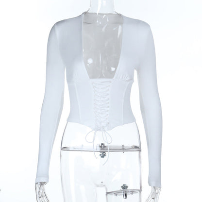 Long Sleeve Corset Top with Plunging V-Neck and Lace-Up Front