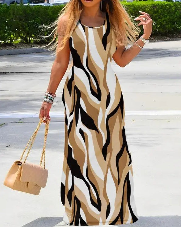 Patchwork Denim Print Sleeveless Maxi Dress with Crewneck