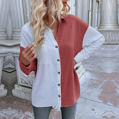 Color-Block Button-Down Shirt with Crinkled Texture