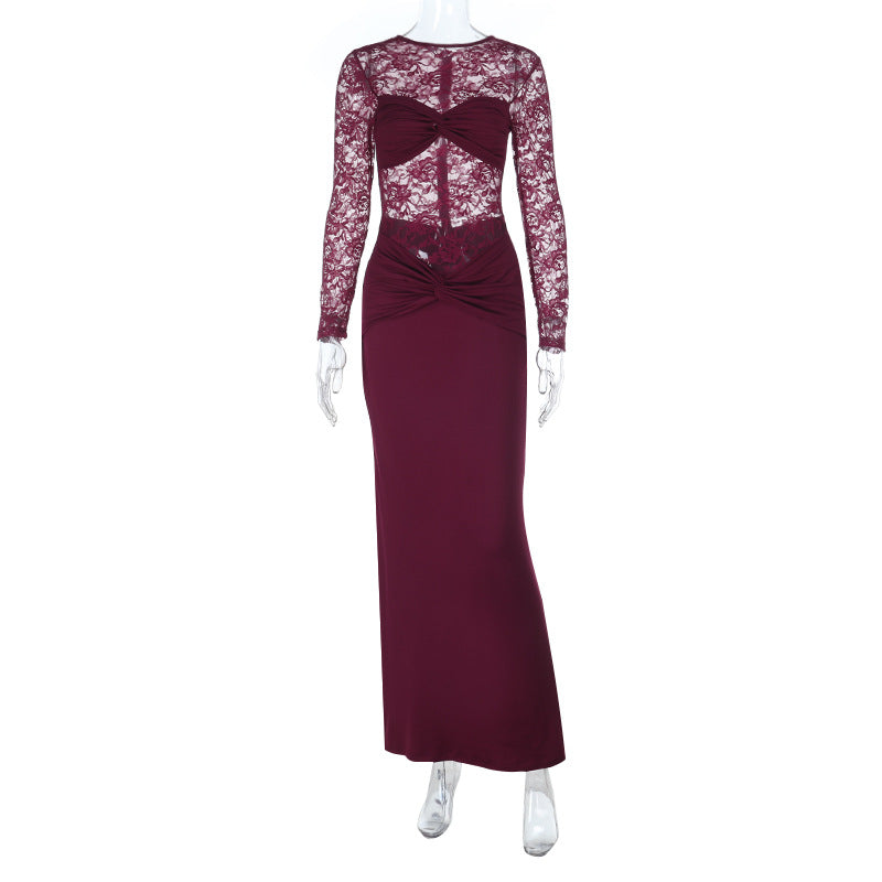 Lace Patchwork Bodycon Maxi Dress with Ruched Detail
