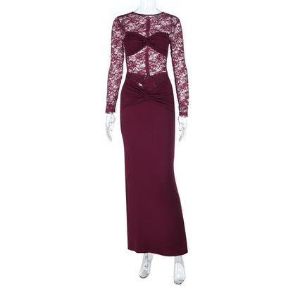 Lace Patchwork Bodycon Maxi Dress with Ruched Detail