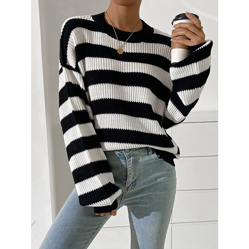 Oversized Striped Knit Sweater with Crewneck