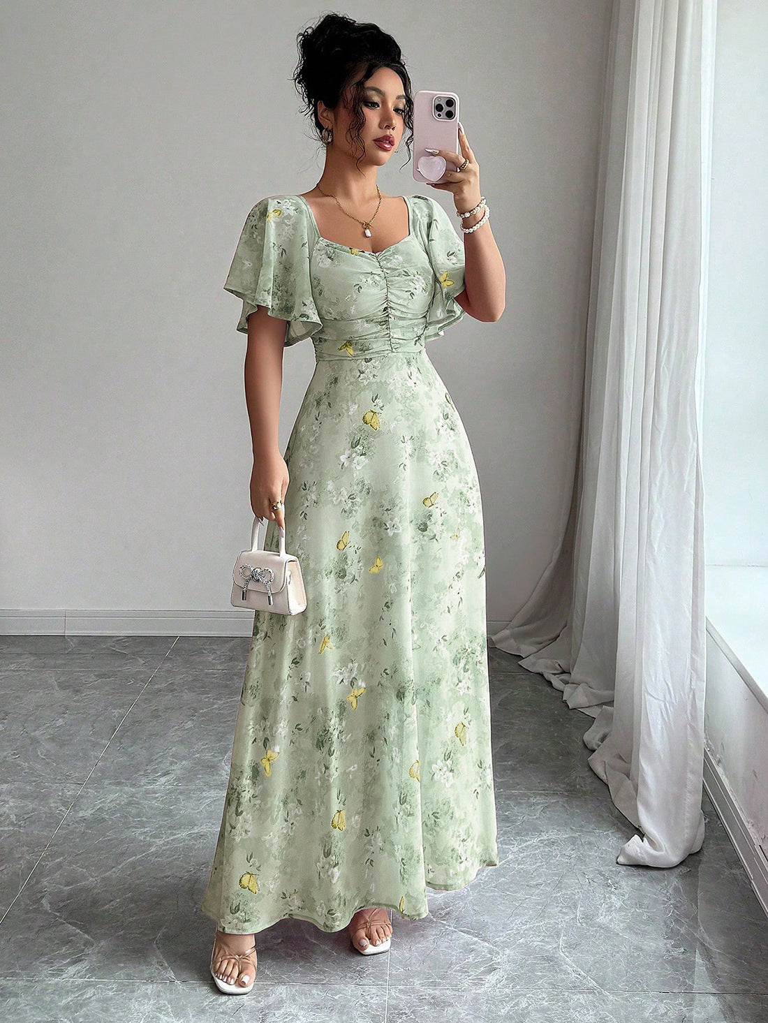 Floral Print Maxi Dress with Flutter Sleeves and Ruched Bust