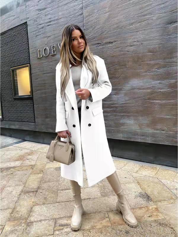 Solid Double-Breasted Midi Coat with Notched Lapel