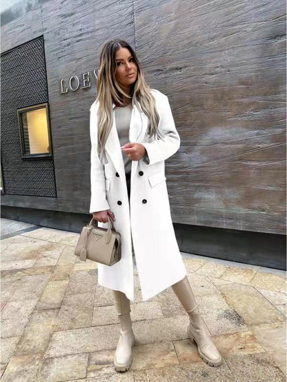Solid Double-Breasted Midi Coat with Notched Lapel