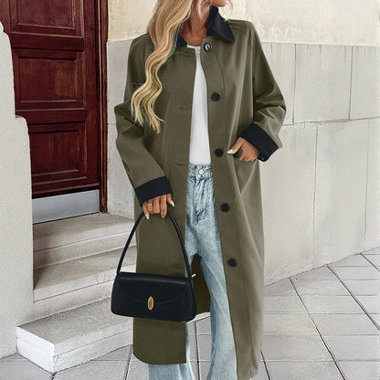 Longline Single-Breasted Coat with Contrast Collar & Cuffs