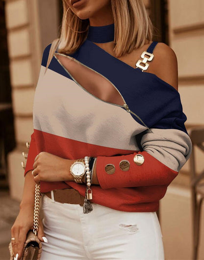 Printed Off-Shoulder Top with Diagonal Zipper and Chain Strap