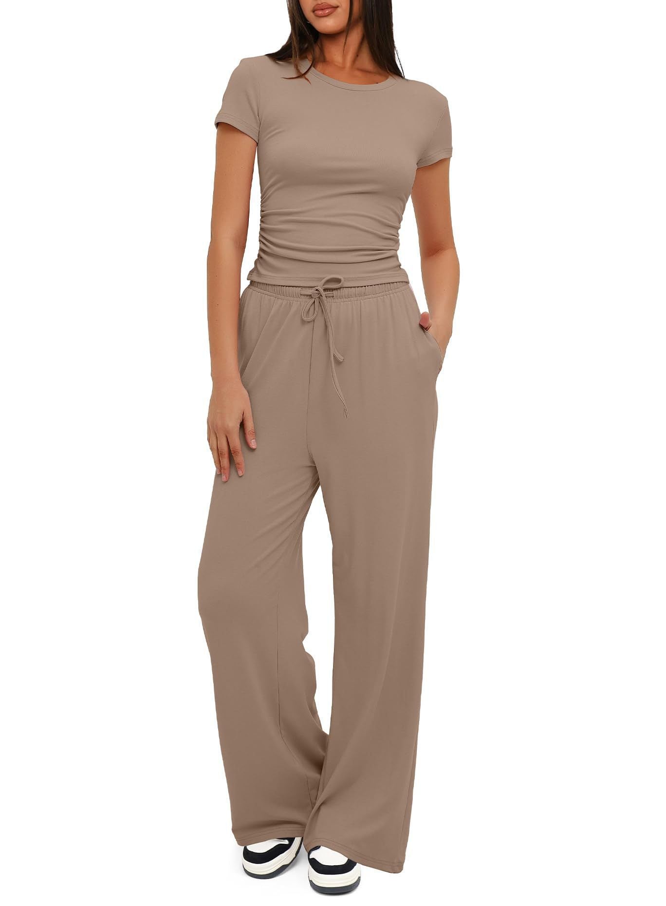 Solid Modal Two-Piece Set with Ruched Top and Wide-Leg Pants