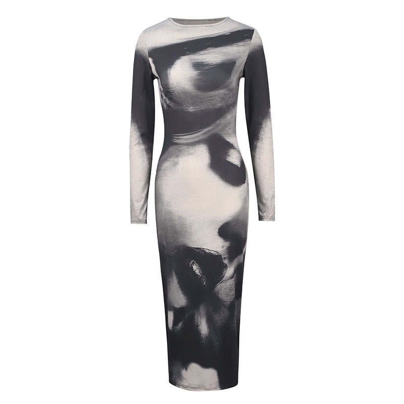 Bodycon Maxi Dress with Abstract Ink Print and Long Sleeves