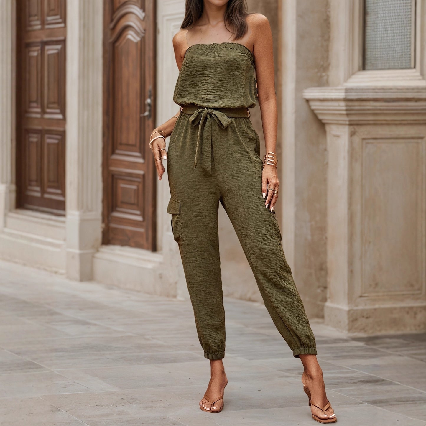 Strapless Jumpsuit with Tie-Waist and Cargo Pockets