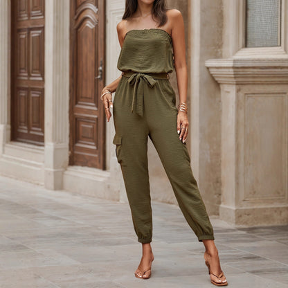 Strapless Jumpsuit with Tie-Waist and Cargo Pockets