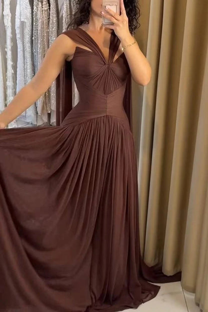 Pleated A-Line Maxi Dress with Twisted Neckline