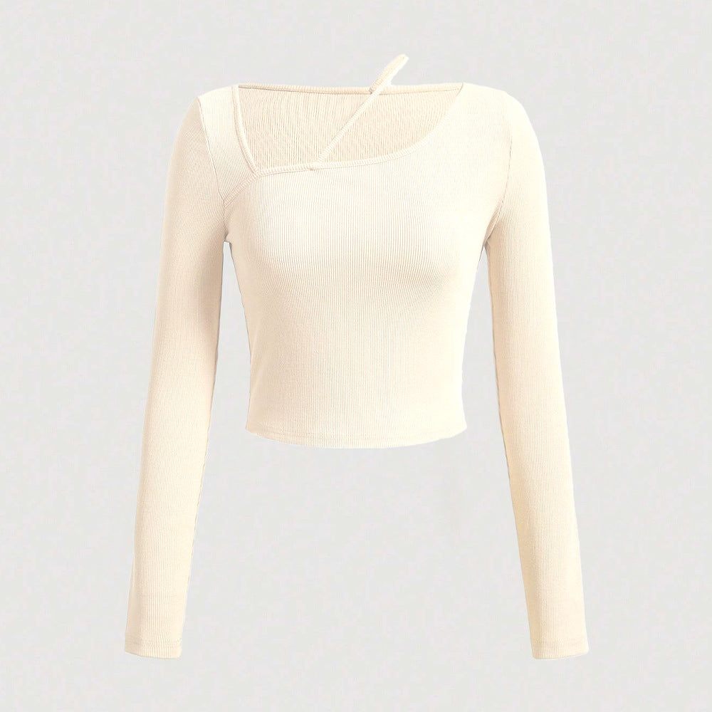 Ribbed Long Sleeve Top with Asymmetric Neckline and Strap