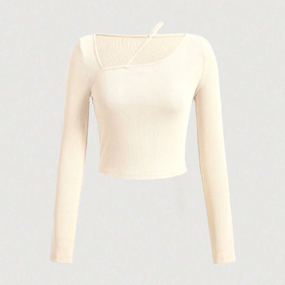 Ribbed Long Sleeve Top with Asymmetric Neckline and Strap