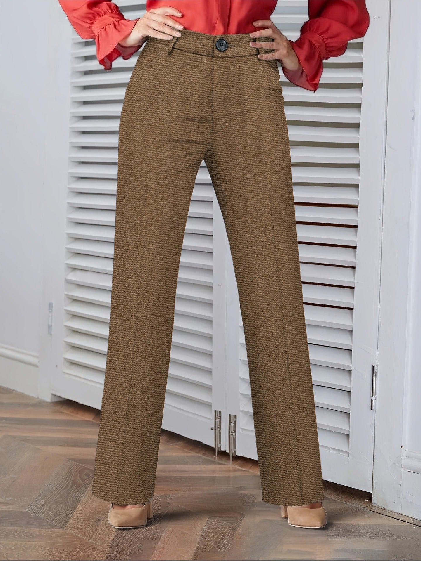 High-Waist Straight-Leg Trousers with Faux Wool Texture