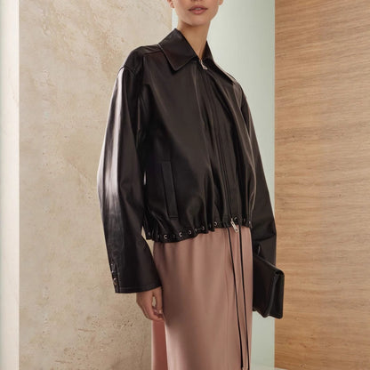 Oversized Faux Leather Blouson Jacket with Lapel and Drawstring Hem