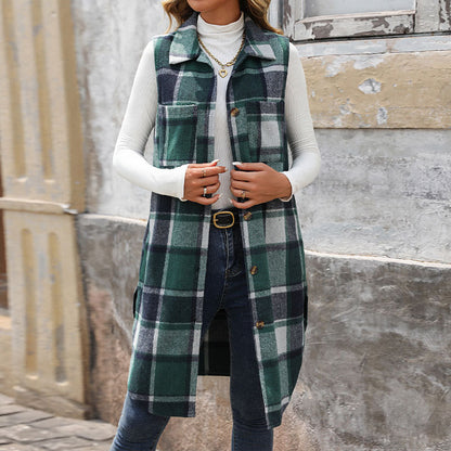Plaid Longline Vest with Lapel Collar and Button Front
