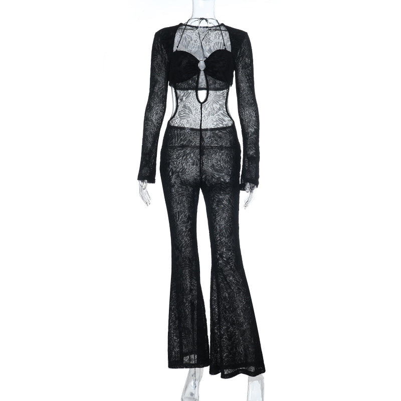 Flocked Mesh Jumpsuit with Cut-Out Detail and Long Sleeves