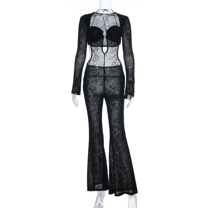 Flocked Mesh Jumpsuit with Cut-Out Detail and Long Sleeves