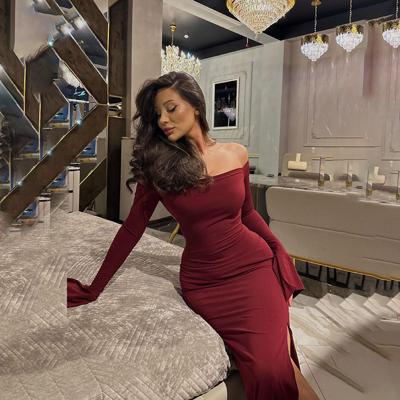 Solid Off-the-Shoulder Bodycon Maxi Dress with High Slit