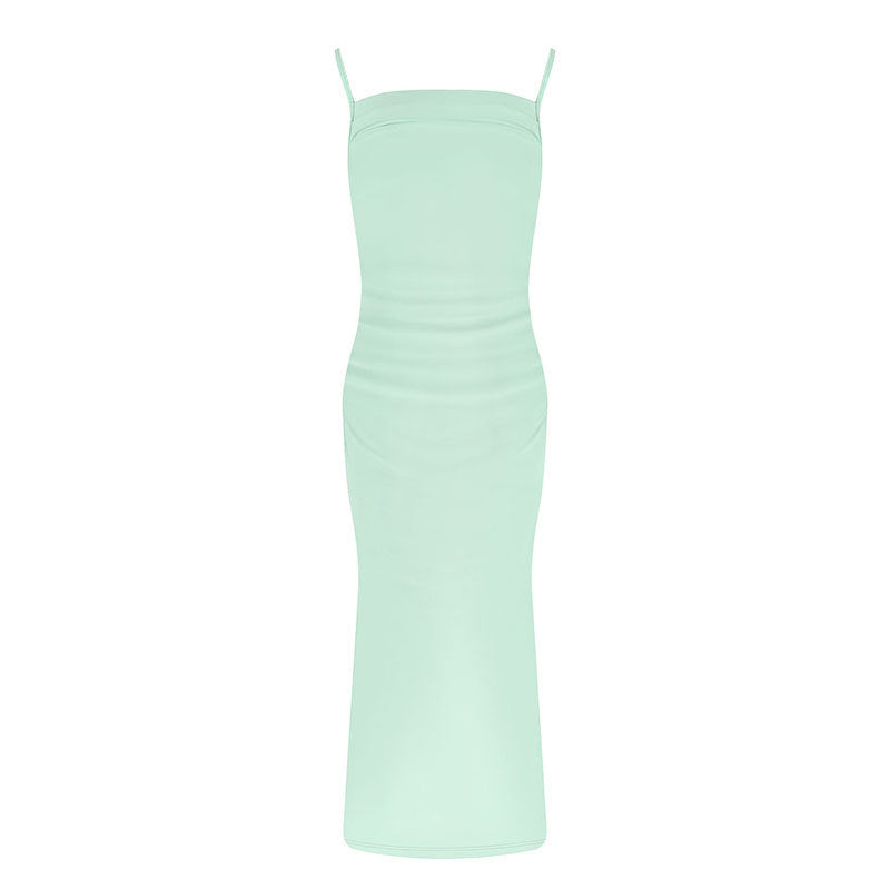 Solid Bodycon Midi Dress with Ruched Bodice and Spaghetti Straps